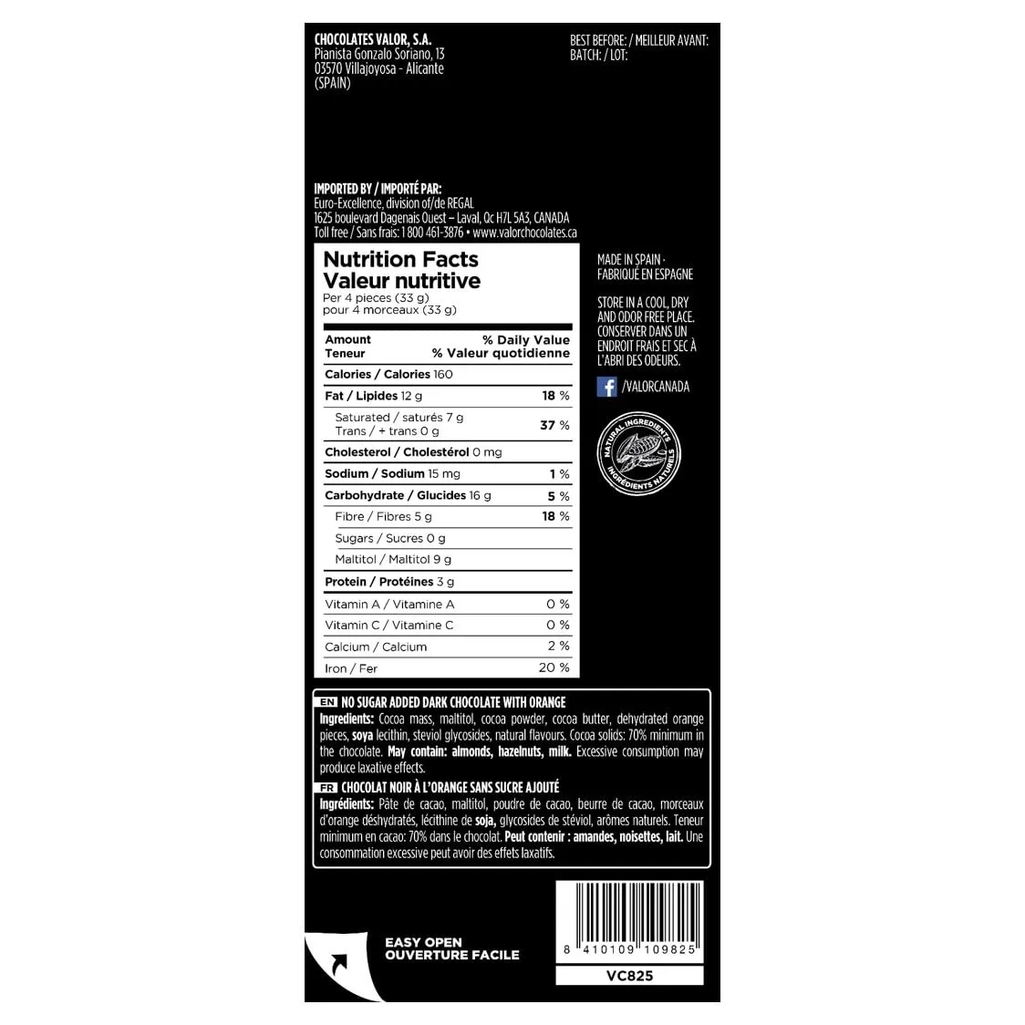 Valor Chocolat Noir 70% Orange tablette 100g sans sucre