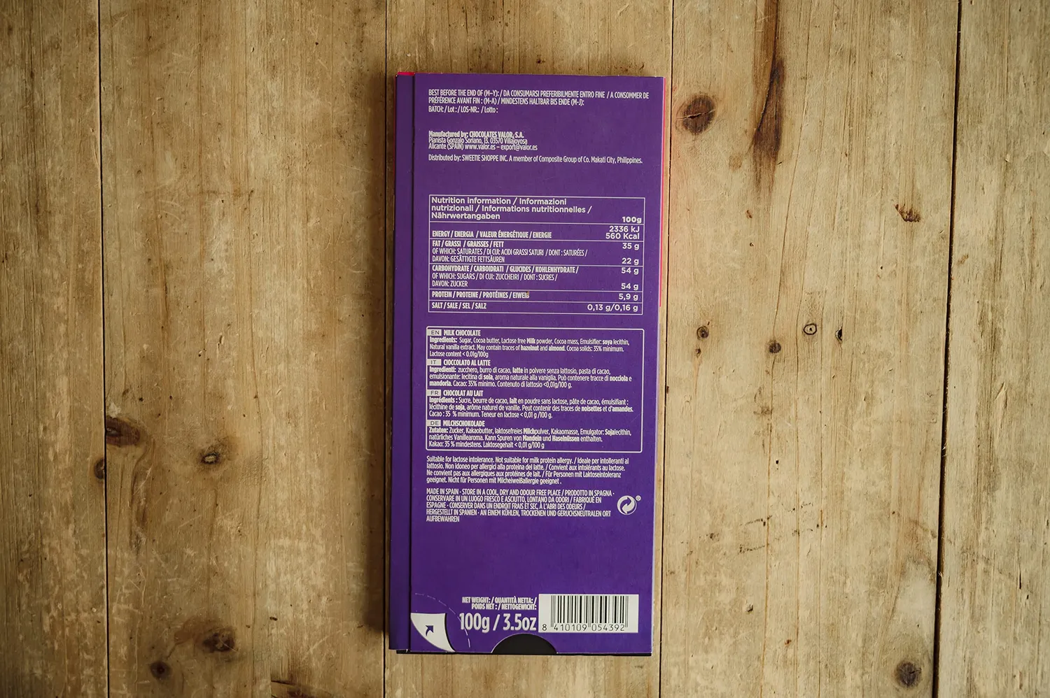 Valor Lait Sans Lactose tablette chocolat 100g sans gluten
