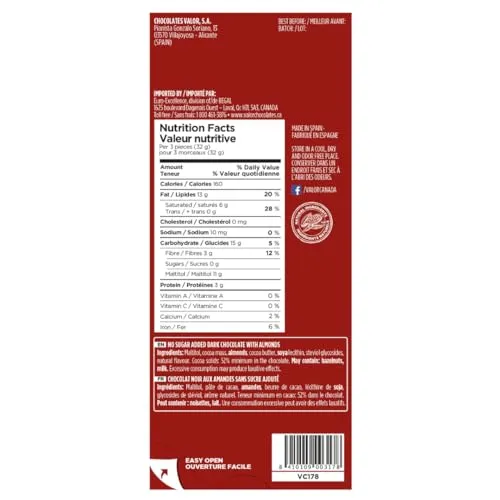 Valor Noir Amandes Entières tablette chocolat 100g sans sucre