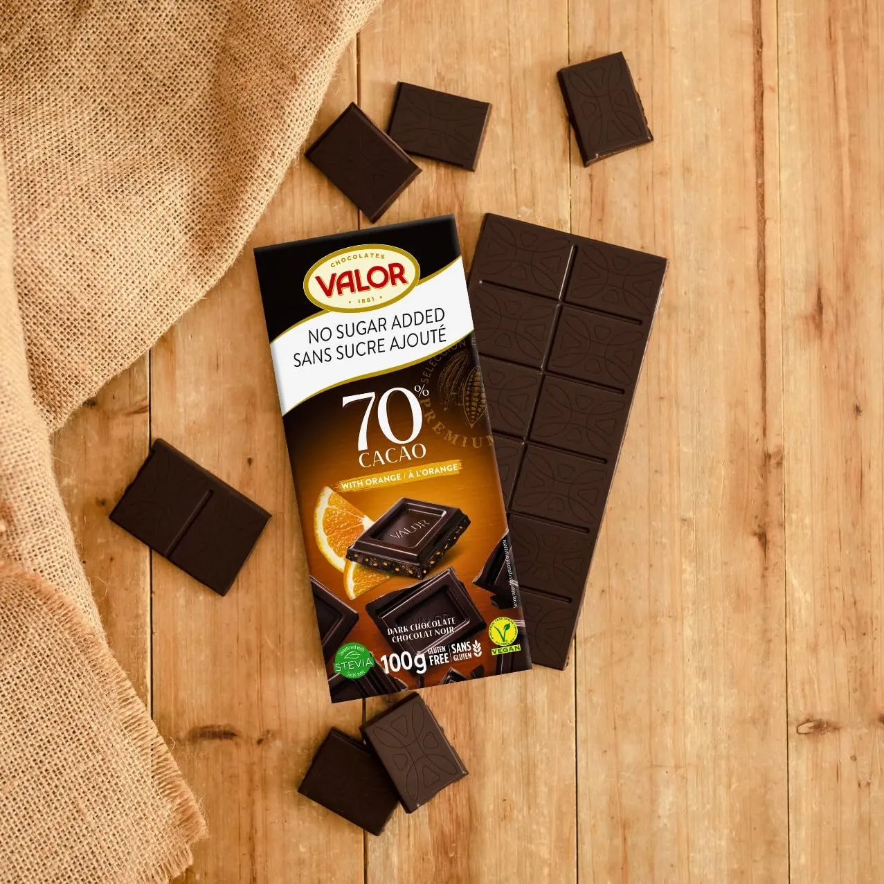 Valor Chocolat Noir 70% Orange tablette 100g sans sucre