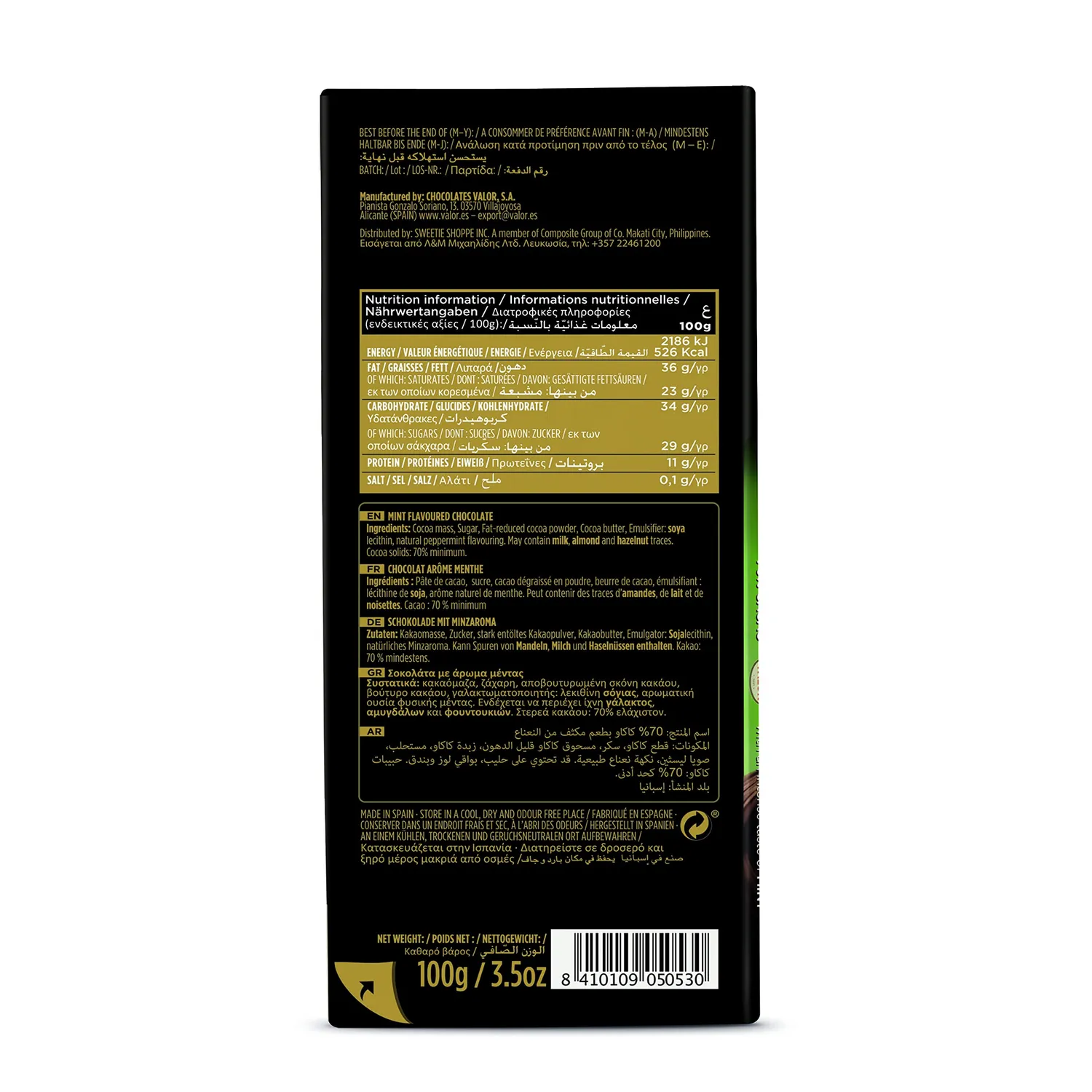 Valor Premium Noir 70% Menthe tablette 100g vegan