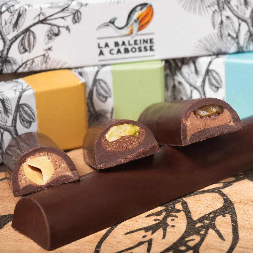 La Baleine à Cabosse Trio barres fourrées praliné pistache cacahuète