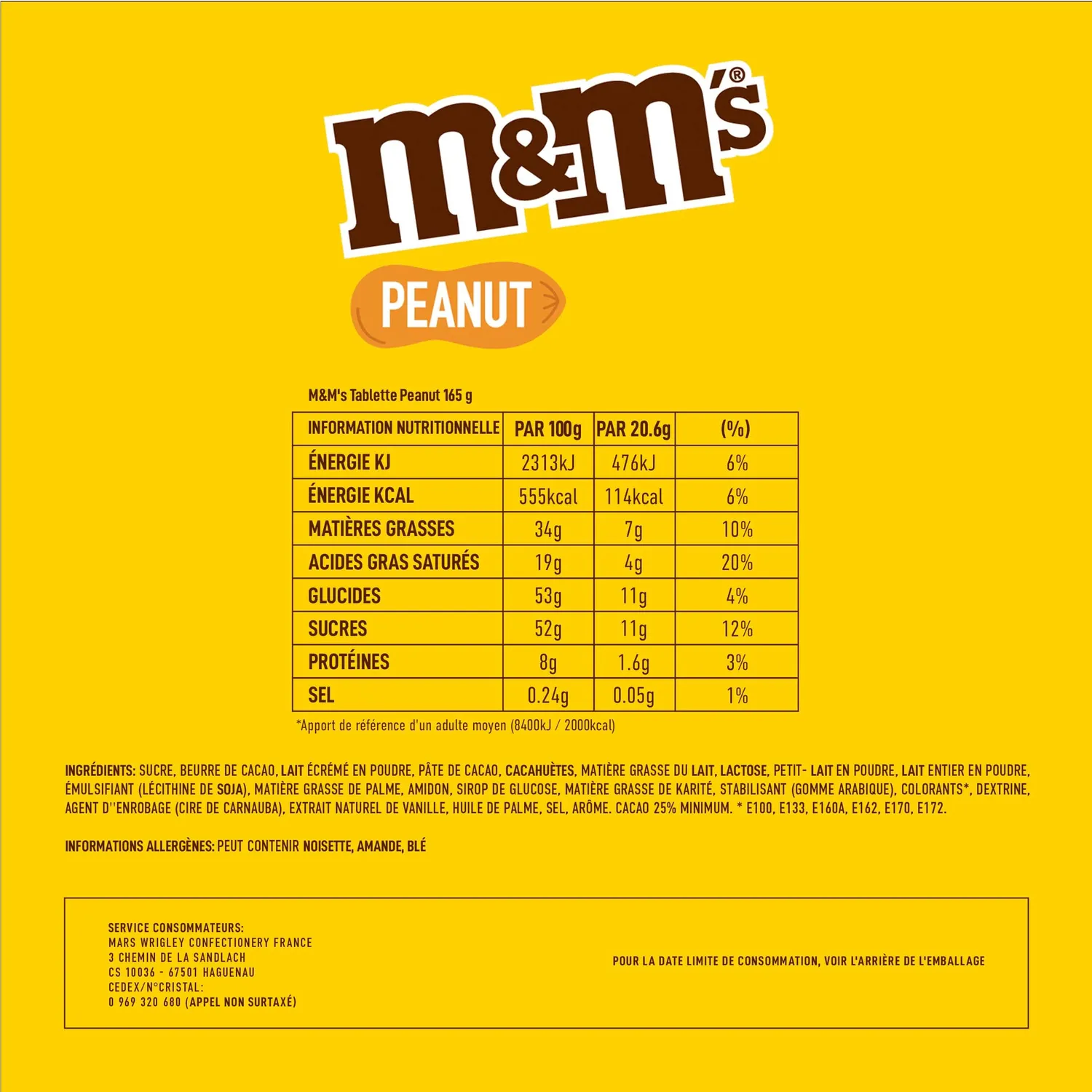 M&M's Peanut tablette chocolat lait 165g cacahuètes