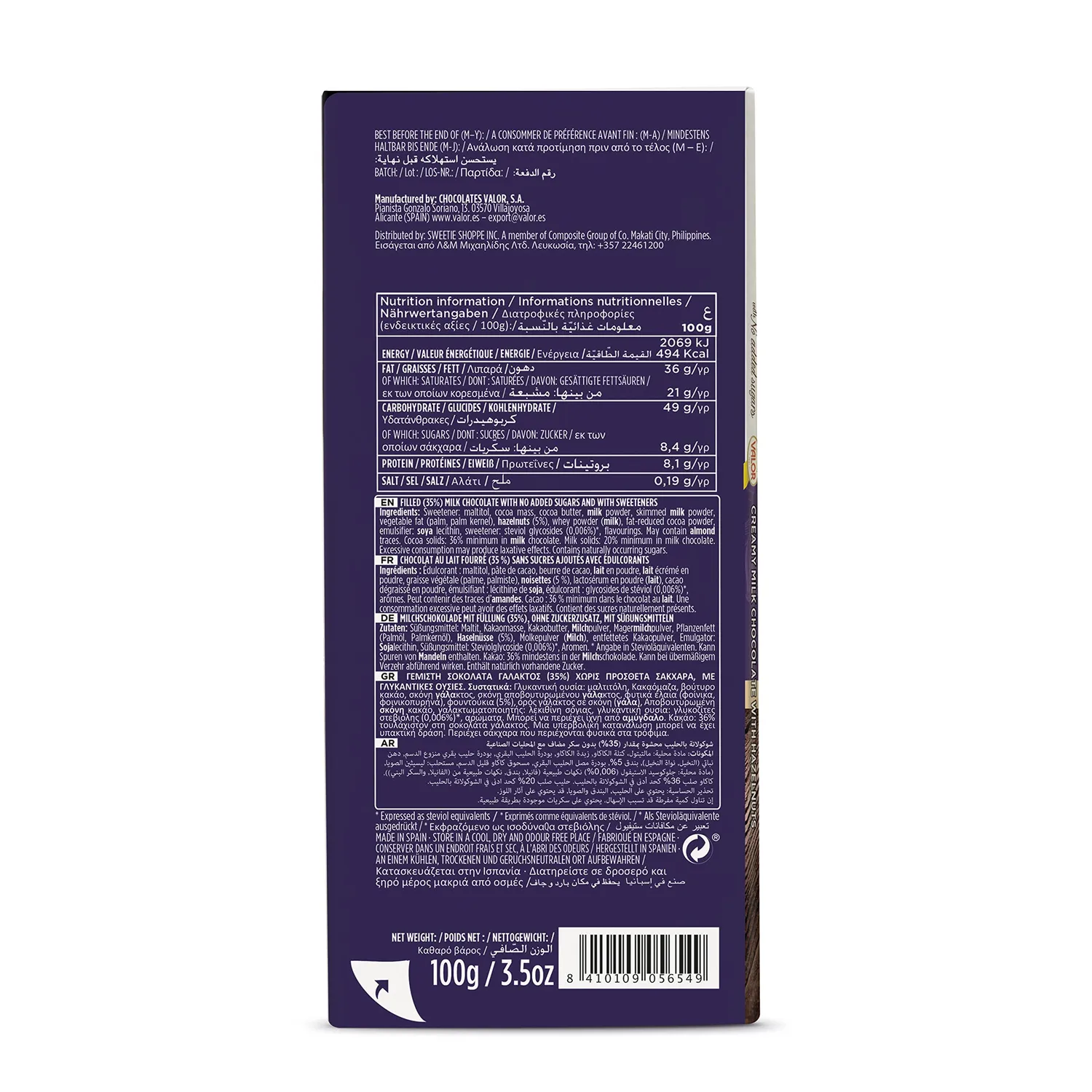 Valor Lait tablette chocolat 100g crème noisette