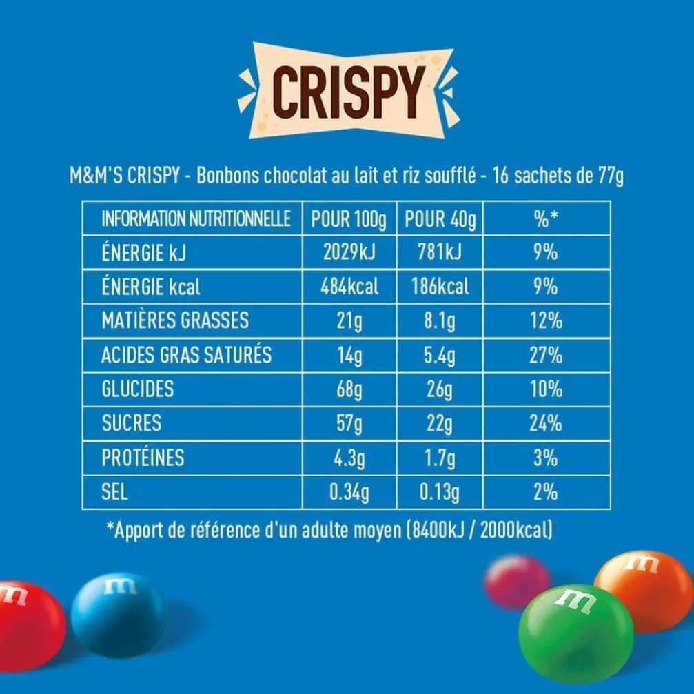 M&M's Crispy bonbons chocolat lait 16x77g riz soufflé