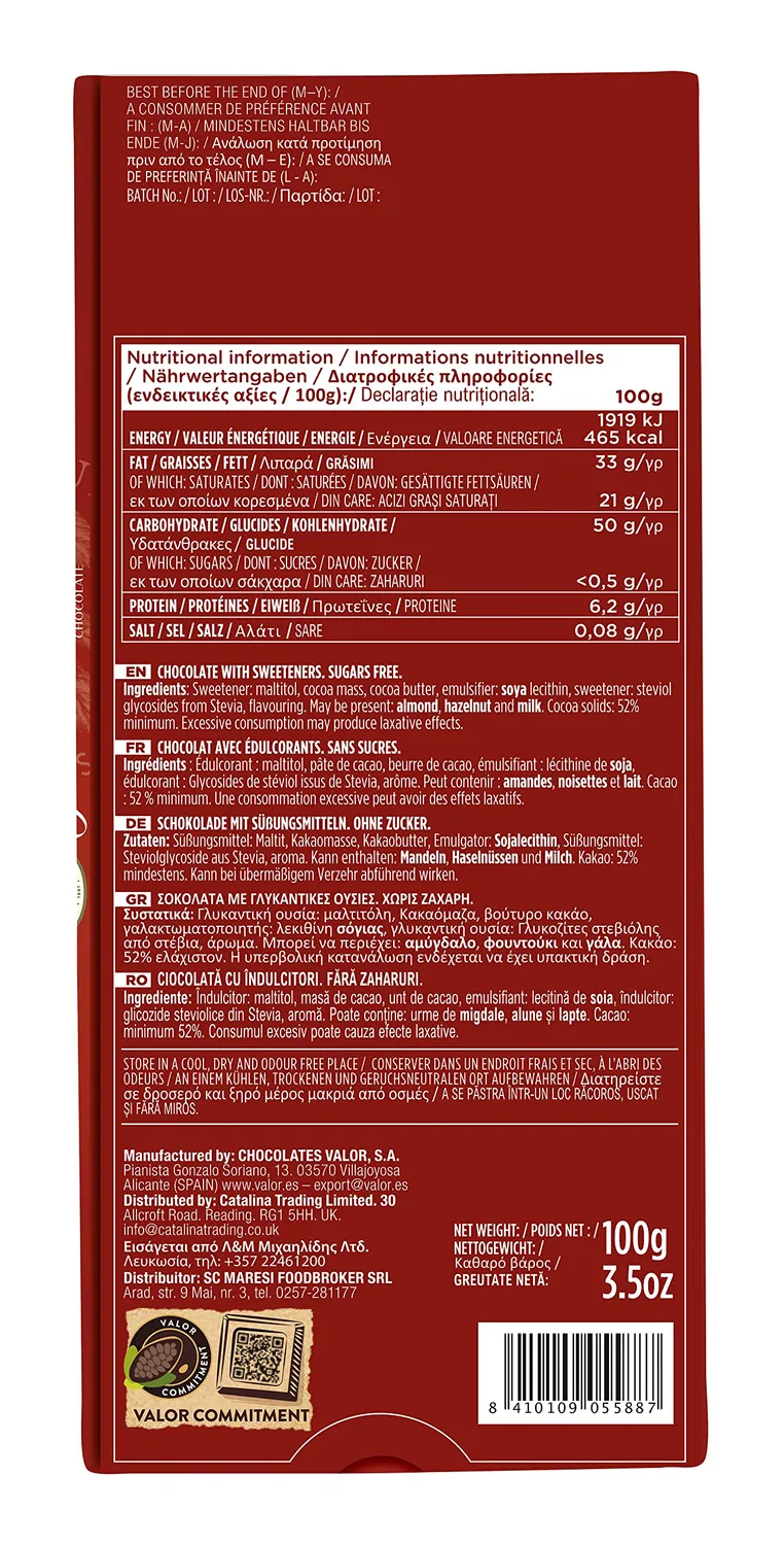Valor Noir 52% Stevia tablette 100g sans sucre