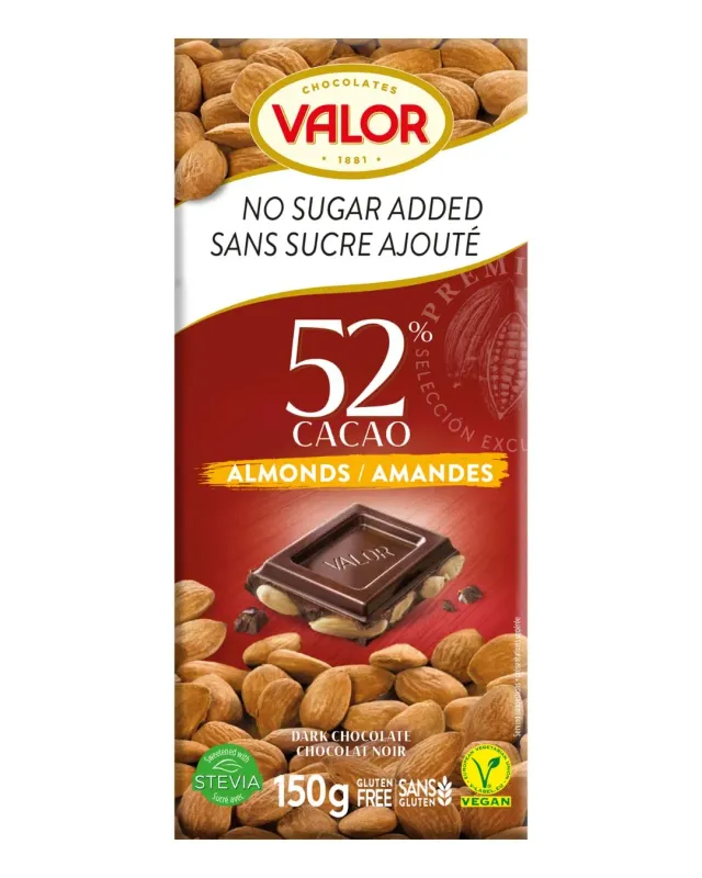 Valor Noir Amandes Entières tablette chocolat 100g sans sucre