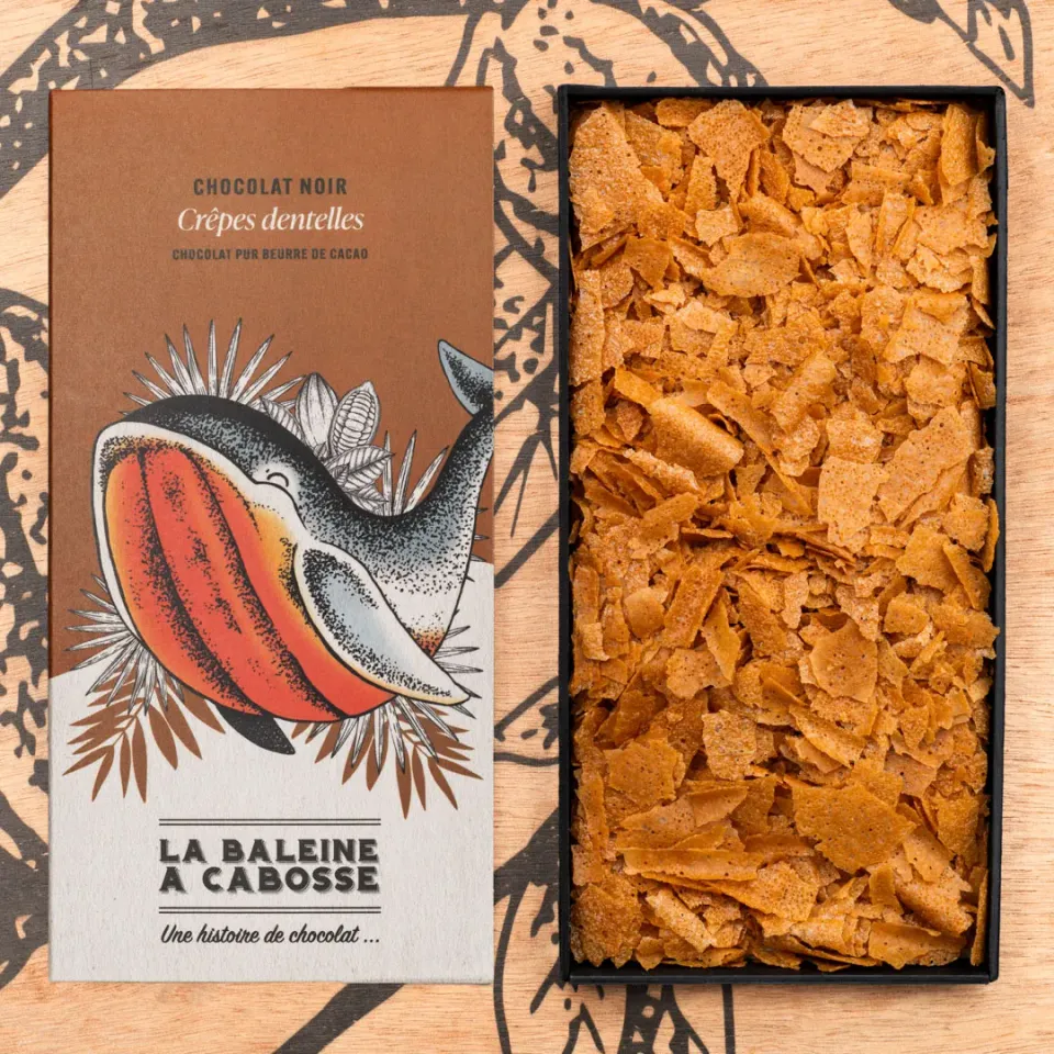 La Baleine à Cabosse tablette chocolat noir 65% crêpes dentelle