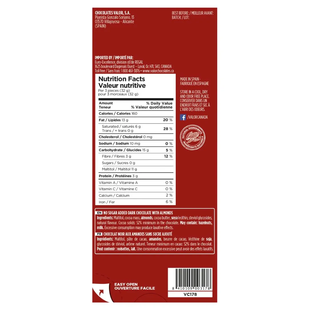 Valor Noir Amandes Entières tablette chocolat 100g sans sucre
