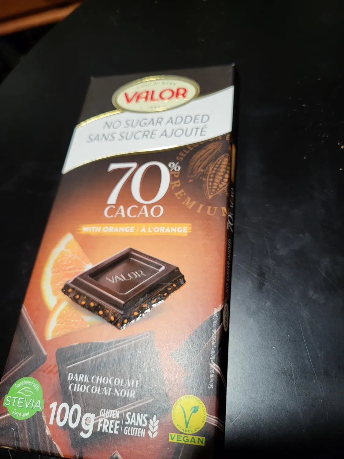 Valor Chocolat Noir 70% Orange tablette 100g sans sucre