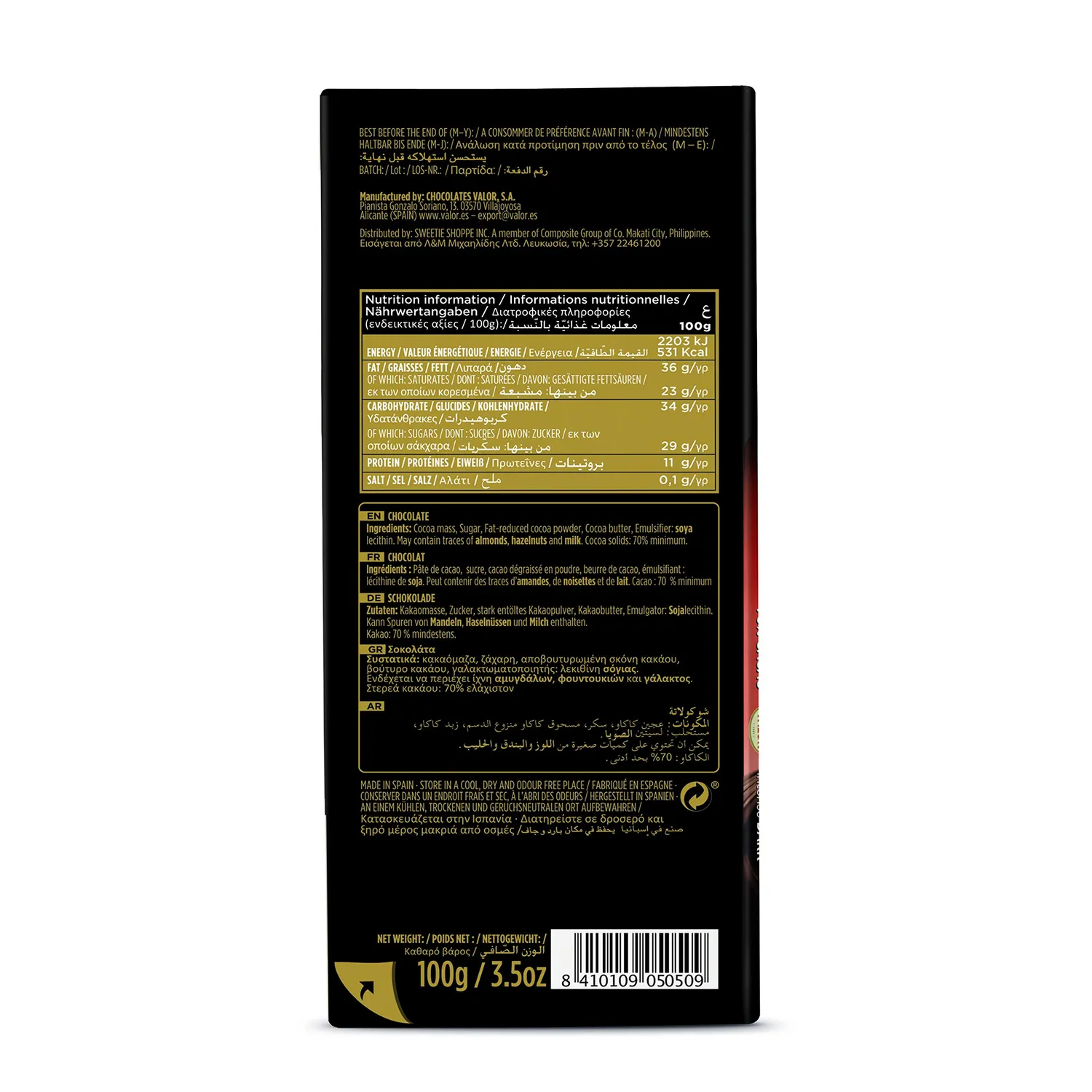 Valor Premium chocolat noir 70% tablette 100g vegan